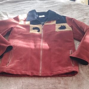 My Ol' Blues Faux Suede Zip Front Jacket in Rust with Blue Collar Sz MED